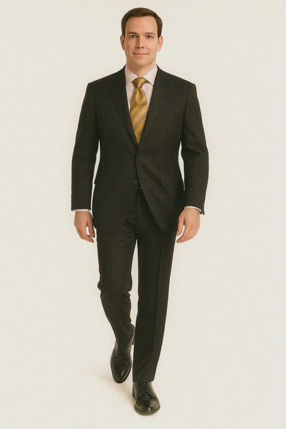 Black Almost Very Dark Gray Wiht Light Gray Pinstripe 100% Worsted Available In 2 Or 3 Buttons Style Regular Classic Cut Cheap Priced Business Suits Clearance Sale
