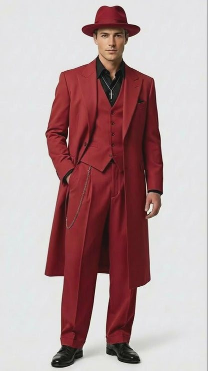Men’s 1920s Burgundy Zoot Suit – Long Mafia Gangster Three-Piece Vintage Outfit Zuit Pachuco Style