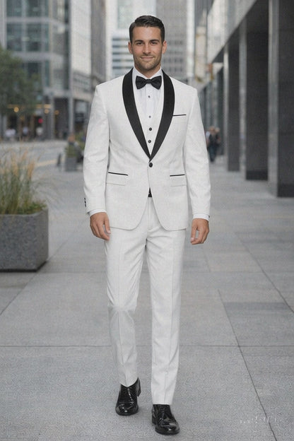 White Shiny Tuxedo Vested Suit - Sateen Sharkskin Fabric Groom Suit