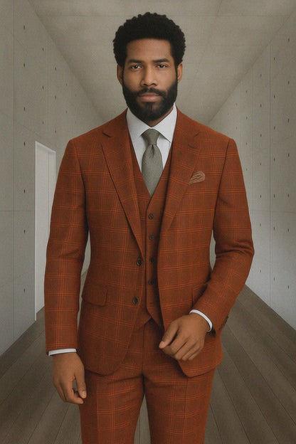 Wool Suit - Italian Made Business Suit by Statement Men's 3 Piece 100% Wool Modern Fit Suit - Sharp Plaid Pattern