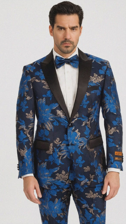 Mens Royal Blue and Gold 2 Button Paisley Tuxedo