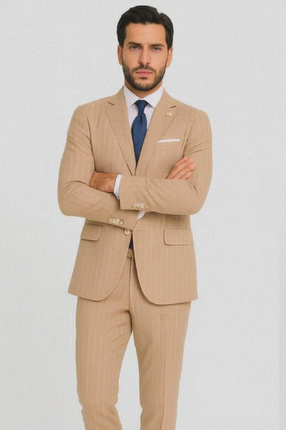 Mens "Bronze - Tan Pinstripe - Camel" Double Breasted Pinstripe Suit - Flat Front Pant