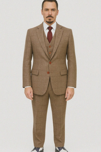 Mens Two Button Notch Label Tweed Suit Brown Herringbone
