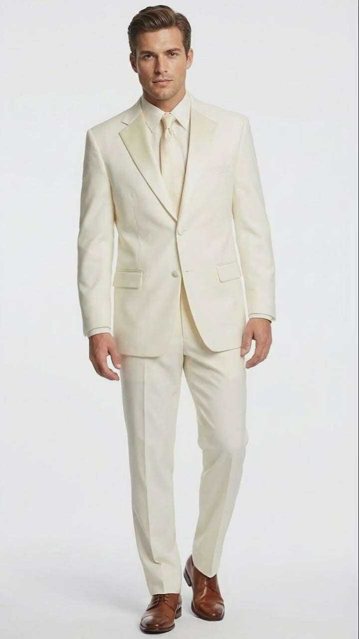 Mens Ivory Tuxedo Suit with Satin Notch Lapel  Formal Wedding and Evening Wear Suit in Cream Off White Color Ivory / 36 Regular Jacket+30 Waist