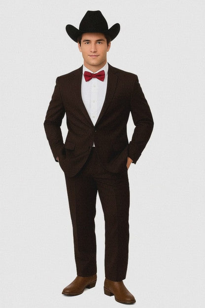 Western Suits For Wedding - Traje Para Hombre - Cowboy Suit With Trim Collar - Slim Fit Cut -  Brown Fitted Pants