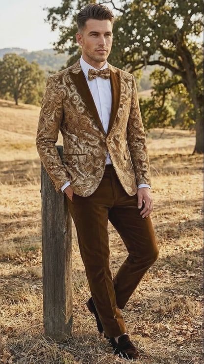 Men’s Brown Tuxedo dinner Jacket Blazer – Jacket for Formal Paisley Pattern Coffee Mocca Color + Bowtie