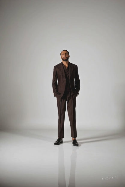 Tiglio Rosso Suit  - Classic Fit Athletic Cut 100% Wool Super 150s Italian Fabric Peak Lapel in Color Chocolate Brown