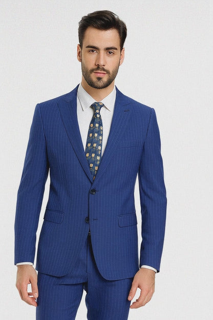 M120-04 Sapphire Blue Bright Blue Indigo Teal Cobalt Pinstripe ~Stripe 2 Buttons Flat Front Pants