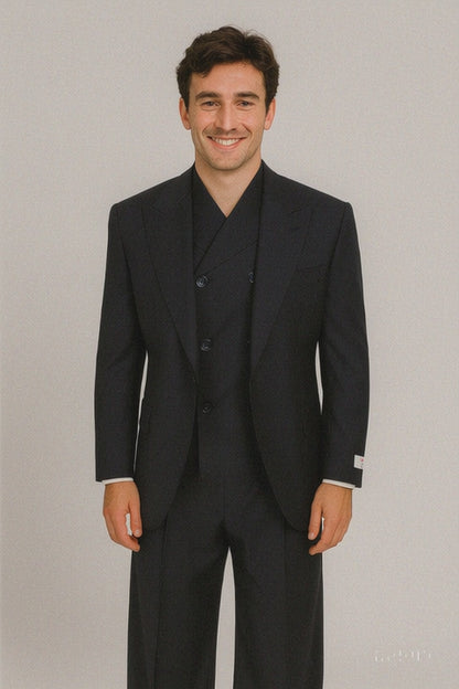 Tiglio Rosso Suit  - Classic Fit Athletic Cut 100% Wool Super 150s Italian Fabric Peak Lapel in Color Navy