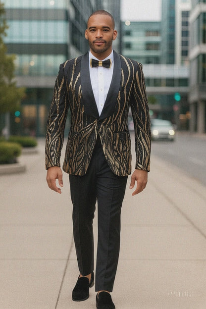 EJ Samuel Black & Gold Sequin Shawl Lapel Tuxedo Jacket