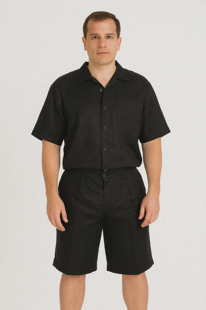 Men's Shirt And Shorts Black Two Piece Casual Set Walking Leisure Suit - Mens Suit
