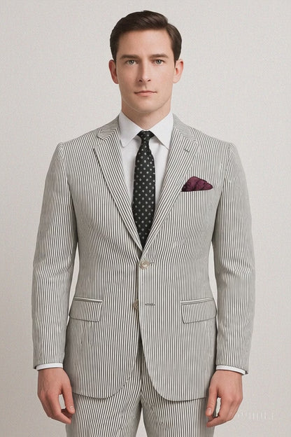 Men's 2pc Summer Seersucker Modern Fit Suit In Black Pinstripe