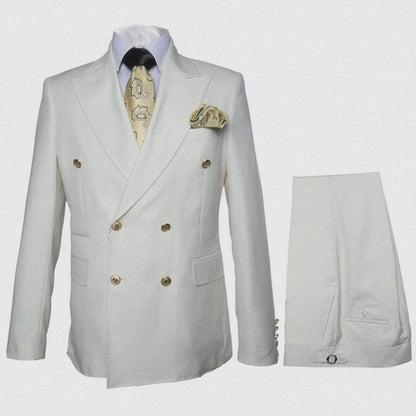 Off White - Ivory - Cream Color White Double Breasted Stylish Peaked Lapel Men Suits