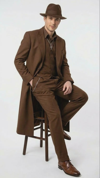 Men’s Brown 1920s Zoot Suit – Long Gangster Mafia Suit Vintage Three-Piece Costume Set Pachuco Style