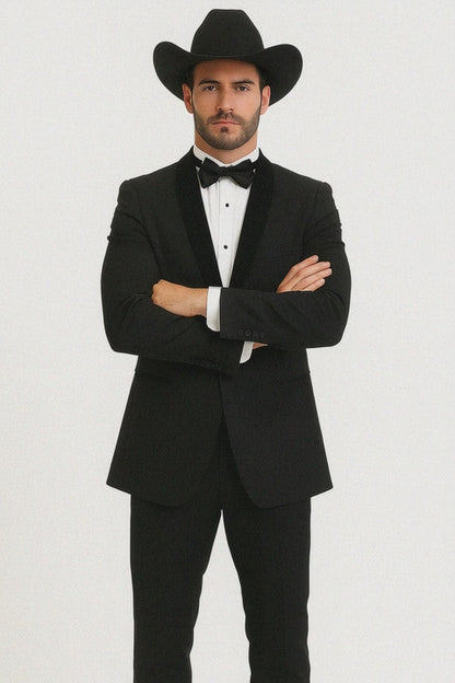 Men's Two Toned Full Lapel Shawl Black Tuxedo wool Fabric Suits
