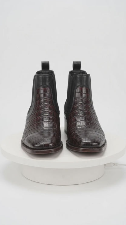 Los Altos Men's Wide Square Toe Caiman Belly Short Boots - Black Cherry