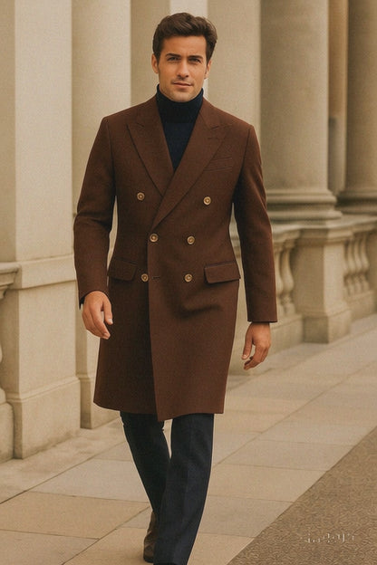 Men's Brown Wool Fabric Double breasted Overcoat  44 inch full length Topcoat
