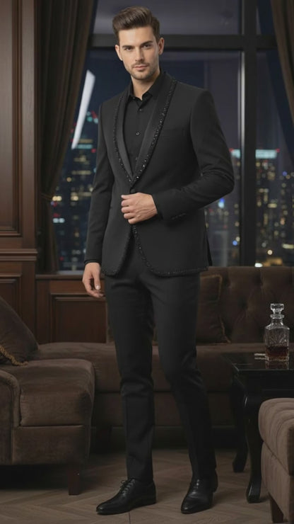 Mens Classic Black Designer Blazer with Beaded Lapel – Elegant Formal and Party Wear Dinner Jacket For Groom