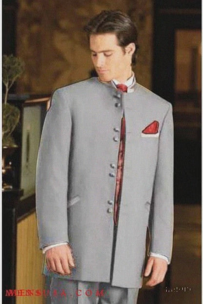 Mandarin Collar Tuxedo - Mandarin Tuxedo - No Collar Suit - Light Grey Suit