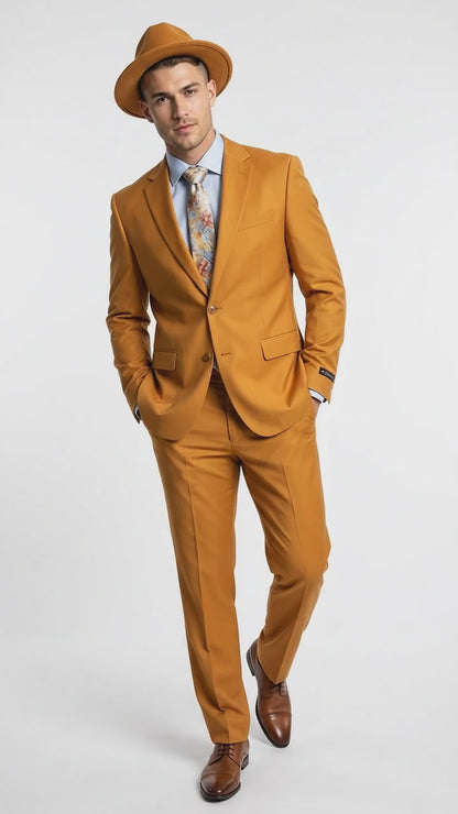 Men’s Light Rust Copper 2 Button Modern Fit Suit, Fall Color Church Dress Suit