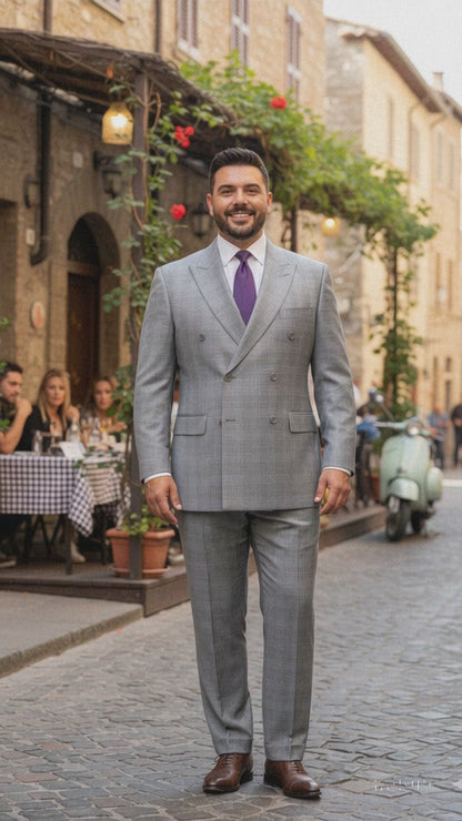 Mens Classic Wool Feel Double Breasted Glen Plaid Suit in Grey