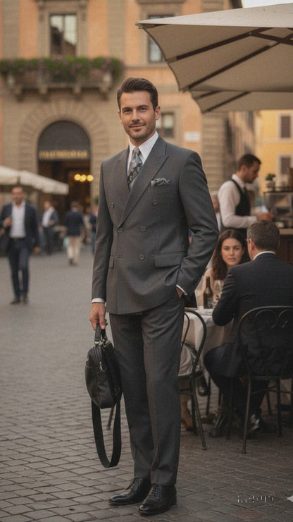 Mens Classic Wool Feel Double Breasted Suit in Heather Grey
