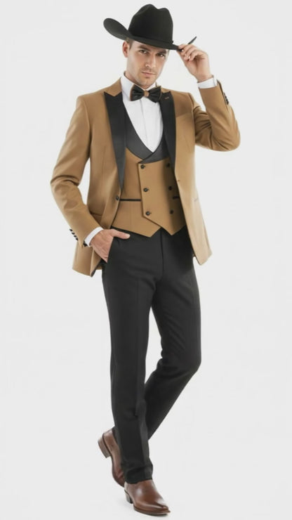 Men’s Western Cowboy Tuxedo – Tan and Black 3-Piece Suit with Satin Lapel and Vest in Mocca Coffee Color
