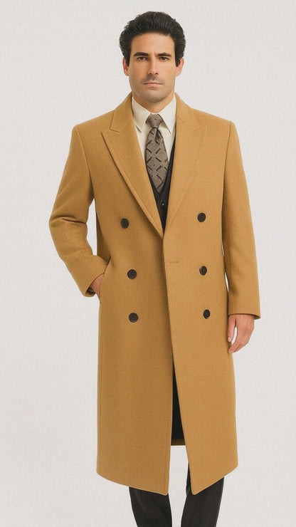 DBCoat Men's Wool Long Designer Men's Wool Men's Peacoat Sale Double Breasted Overcoat Style Full Length Camel