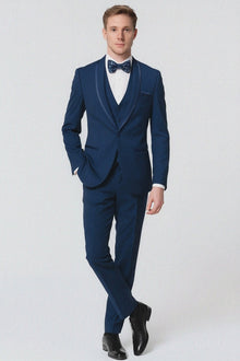 Men’s Navy Blue with Blue Trim Three-Piece Tuxedo with Satin Shawl Lapel and Bow Tie Wedding Suit
