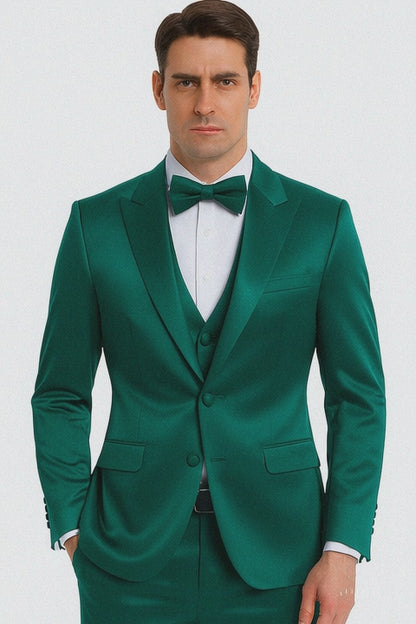 Stylish Green Satin Shiny Metallic Flashy with Sheen Slim Fit 3 Piece Tazzio Men's Suit with Peak Lapel
