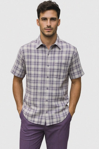 Mens Textured Plaid Walking Suit in Lavender/Off White by Dreams by Zacchi – 2 Piece Leisure Outfit with matching shirt and pant -$99