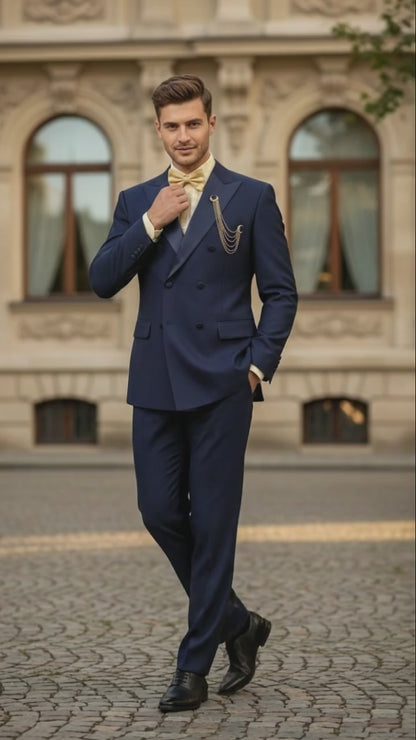 Men’s Navy Blue Double-Breasted Tuxedo with navy Satin Peak Lapel Wedding Suit
