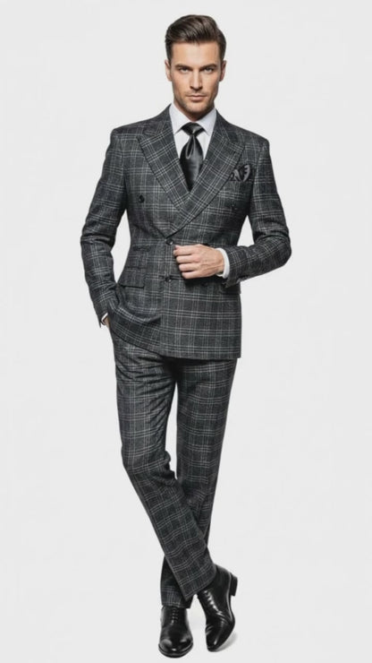 Rossi Man Men’s Charcoal Plaid Double-Breasted Suit – Windowpane Wedding, Business and Formal 2-Piece Suit  Modern Fit
