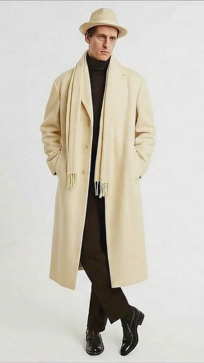 Men’s Long Cream Overcoat Wool Fabric in Ivory Off White Color Full length