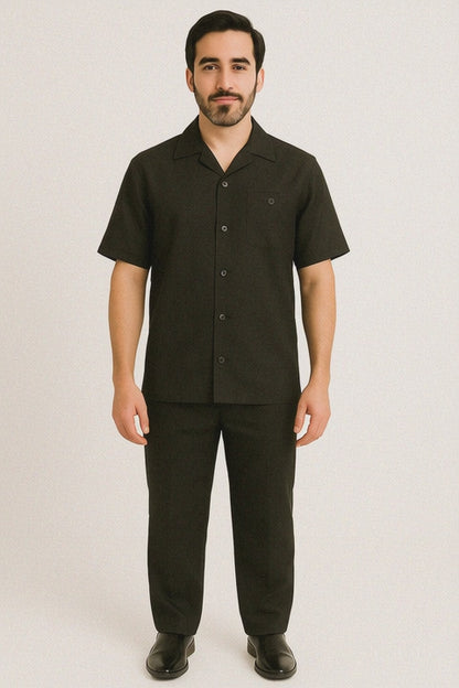 Men's Plain Black Short Sleeve Linen Casual Casual Two Piece Mens Walking Outfit For Sale Pant Sets Suit With Pant - Mens Linen Suit