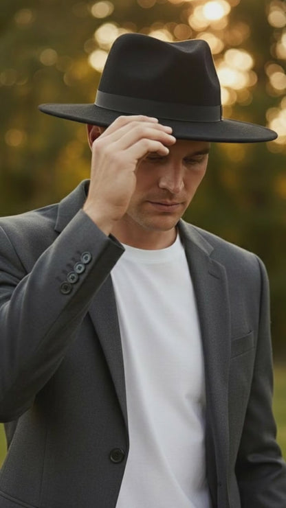 Men’s Black Wide Brim Fedora Hat – Classic Wool Felt Dress Hat with Matching Black Band