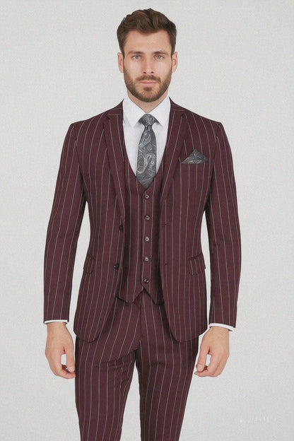 Men's Bold Gangster 1920s Burgundy Suit Vintage Dark Burgundy ~ White Gangster Bold Stripe 2 Buttons Vested Suit Black and Bold White Stripe (MO845) Modern Fit