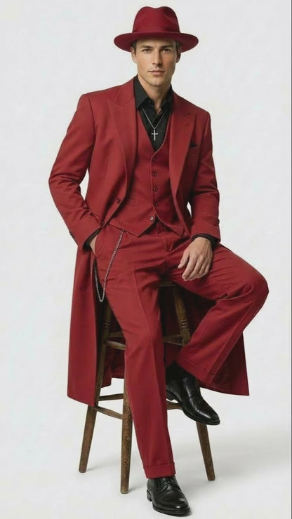 Men’s 1920s Burgundy Zoot Suit – Long Mafia Gangster Three-Piece Vintage Outfit Zuit Pachuco Style