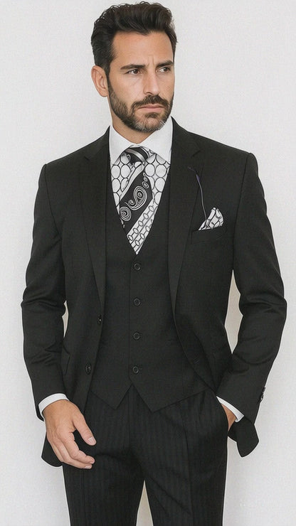 Vinci Men's Black On Black Shadow Stripe Style Two Buttons  Vested Suit