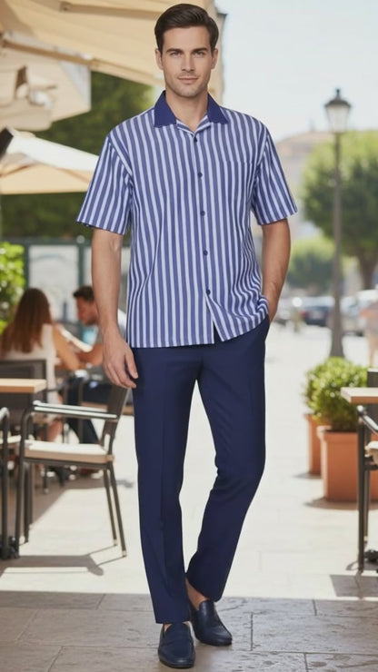 Men’s Blue and White Vertical Stripe Short Sleeve Shirt Set – Casual Summer Two-Piece Outfit  With Walking Suit Plus Matching Pants