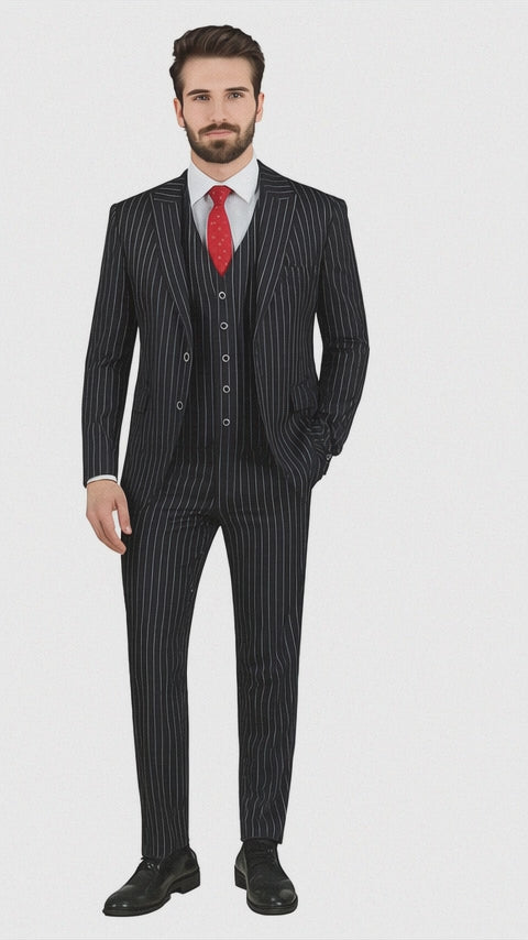 Bold Pinstripe Suit in  Black