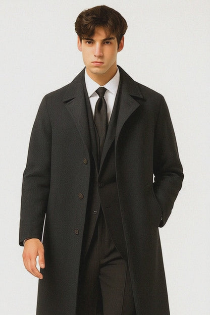 Men's Full Length Wool Overcoat Belted Charcoal Grey Belted Wool Overcoat