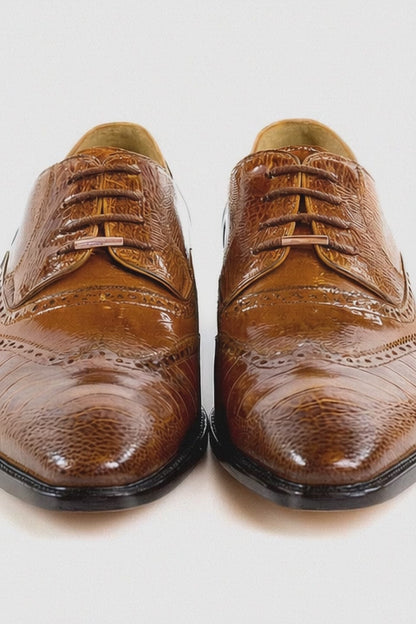 Men's Belvedere Nino Slanted Wingtip Ostrich Leg & Eel Dress Shoe in Camel