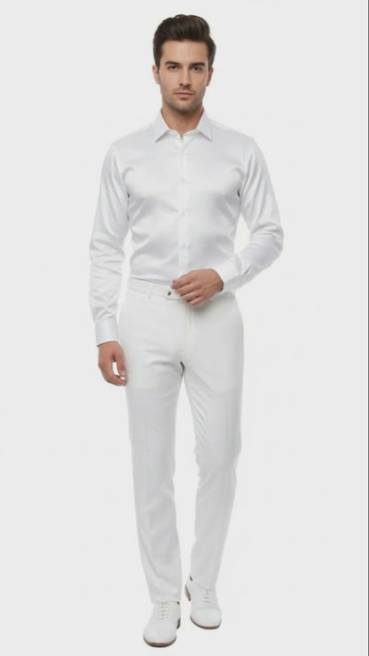 Men’s White Satin Dress Shirt – Classic Long Sleeve Formal Shirt for Weddings, Parties, and Business Wear
