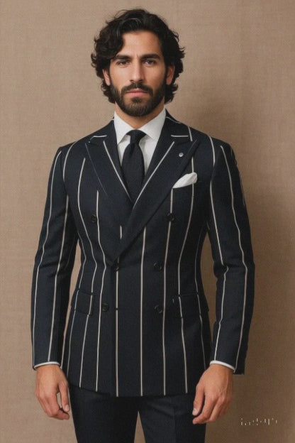 1920s style in this Gangster Pinstripe Double-Breasted Suit. Black/Gold or Navy/White options—perfect for Gatsby parties, cosplay, or vintage flair.