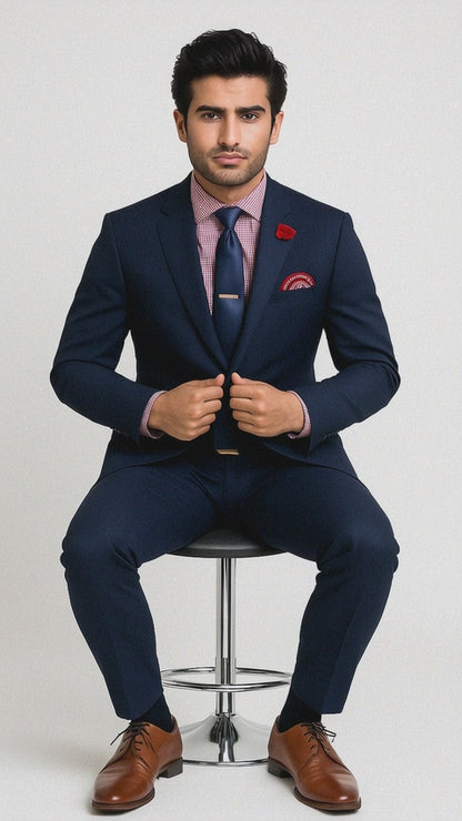 Vitali Brand Suits - Slim Fit 2 Button Sharkskin Textured Pattern Tapered Fit Suit With Vent Dark Blue Online Discount Fashion Sale
