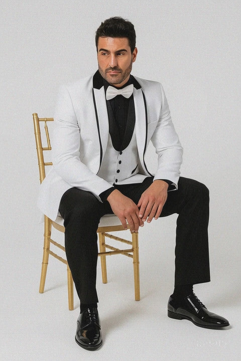 White Slim Fit Tuxedo 3 Piece with Satin Shawl Collar Vest