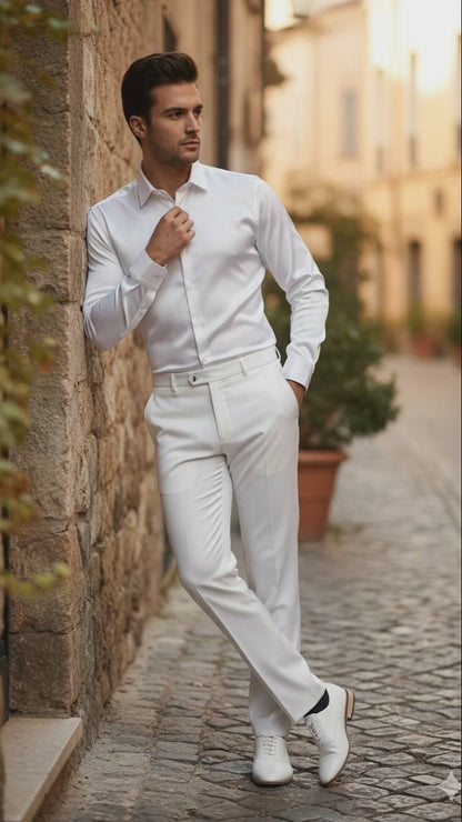 Men’s White Satin Dress Shirt – Classic Long Sleeve Formal Shirt for Weddings, Parties, and Business Wear