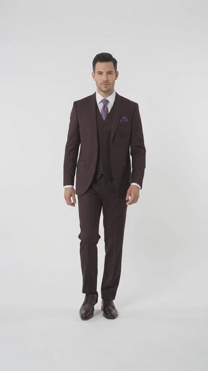 Statement Men’s Plum Eggplant 2 Button Modern Fit Suit, Italian Style Wool Formal Wedding Business Suit