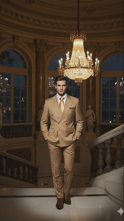 Mens Camel - Bronze - Goldish khaki Double-Breasted Suit – Luxury 2-Piece Formal Set with Gold Buttons and Peak Lapels by Rossi Man Modern Fit